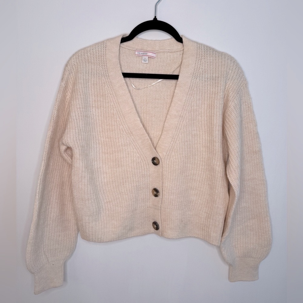 Cream Ribbed Knit Cropped Cardigan